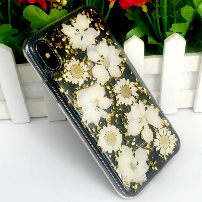 IPhone-ul direct al producătorului cu folie de aur cu picătură adezivă adevărată floare uscată cu flori în relief TPU măr transparent carcasă rezistentă la rupere